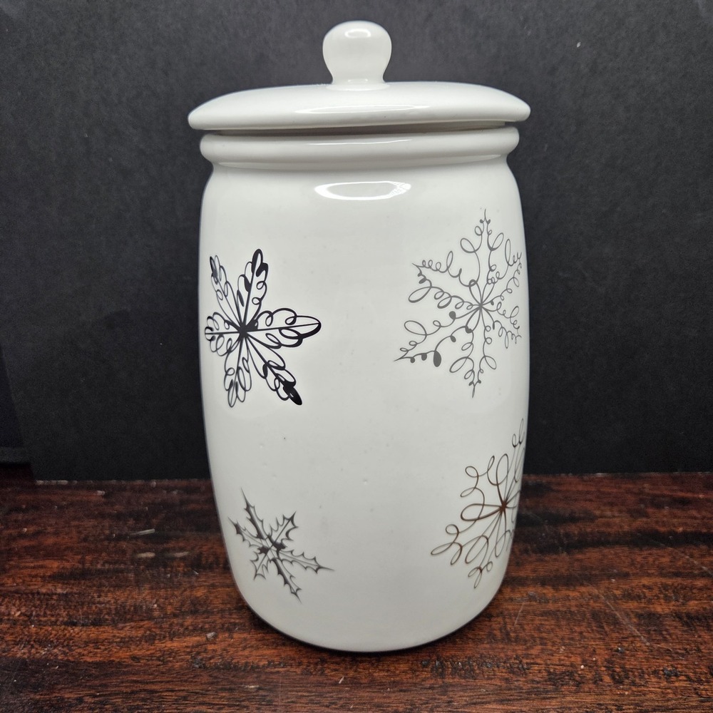 White Ceramic Snowflake Canister Jar w Lid Winter Holiday Kitchen Decor